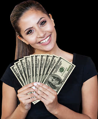 Happy Woman Holding Cash PNG Image